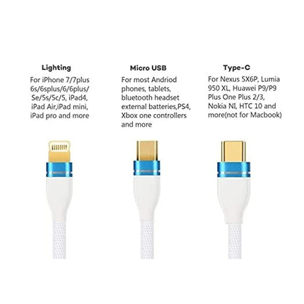 3 in 1 Nylon Braided 3.0 A 1 m Data Cable for Charging Micro USB for iOS and Type C (CLS-2245683)