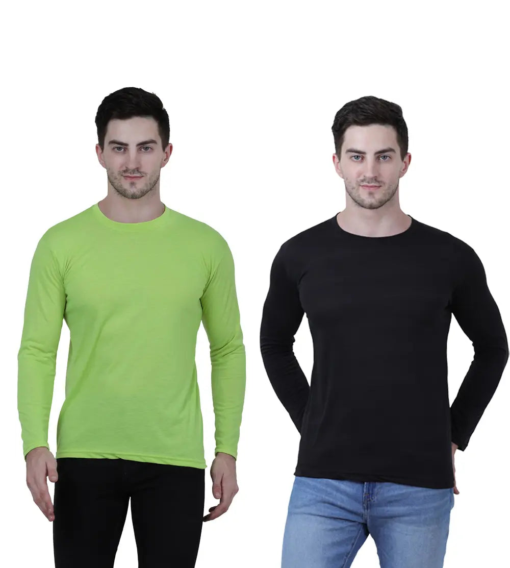 Cotton Solid Round Neck Full Sleeves T-shirt For Men (Pack of 2)