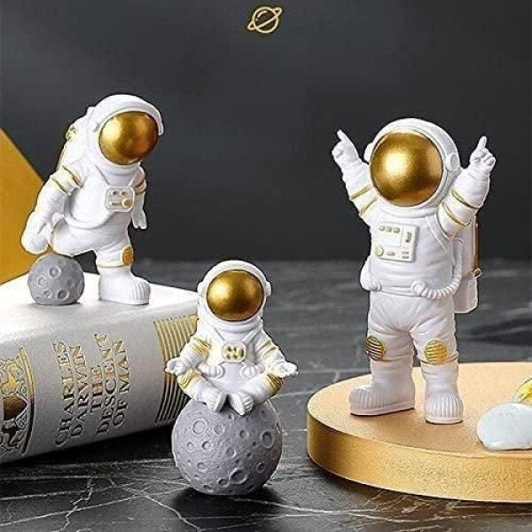 Astronaut Spaceman Statue Ornament Home Office Desktop Figurine Decors Set of 3 – Golden