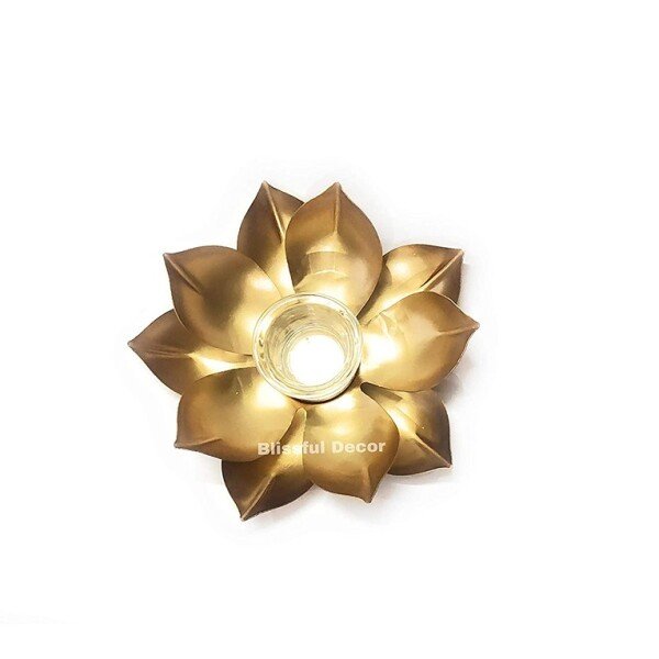 Golden Metal Lotus Shape Tealight Holder with Glass (CS-2385909)