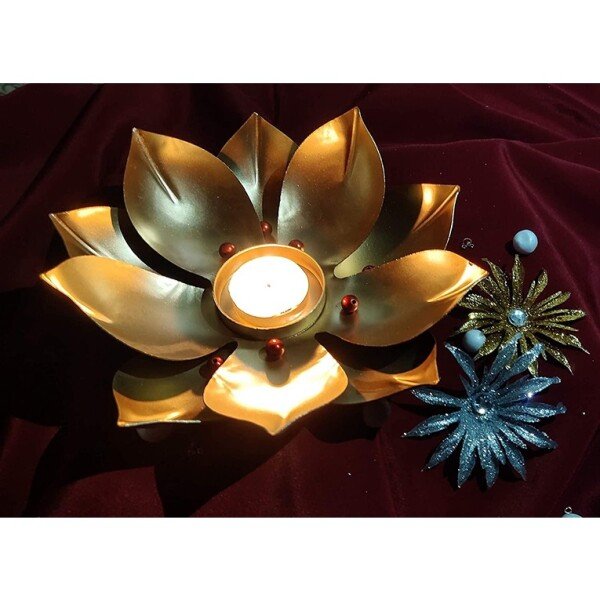 Golden Metal Lotus Shape Tealight Holder with Glass (CS-2385909)