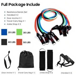 Healthtrek Resistance Tube Set of 4 with Foam Handles, Door Anchor, Ankle Strap & Bag, Exercise Guide Included (CLS-260941405)