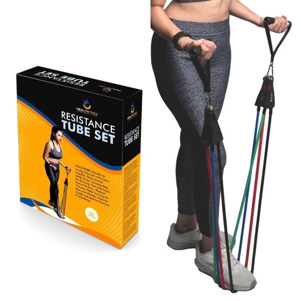 Healthtrek Resistance Tube Set of 4 with Foam Handles, Door Anchor, Ankle Strap & Bag, Exercise Guide Included (CLS-260941405)