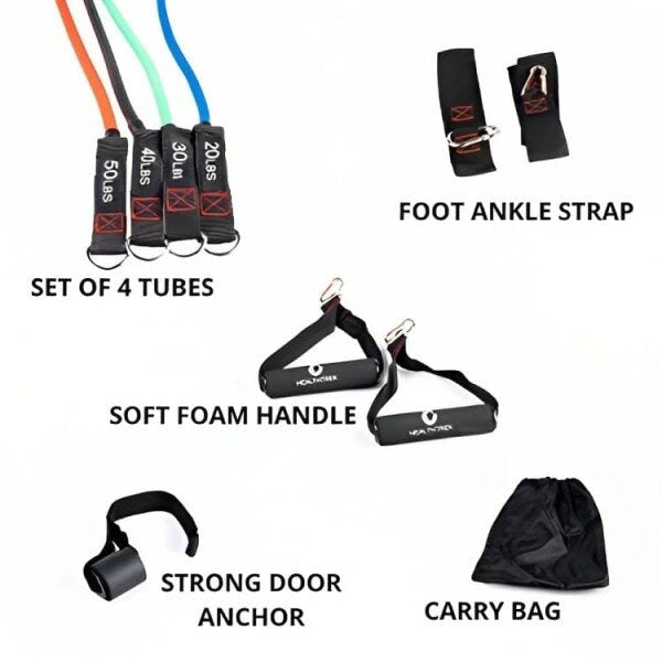 Healthtrek Resistance Tube Set of 4 with Foam Handles, Door Anchor, Ankle Strap & Bag, Exercise Guide Included (CLS-260941405)