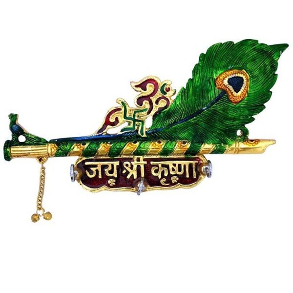 Oxide Metal Decorative Meenakari Jai Shree Krishna Basuri Key Holder with 3 Hooks-Hangers Showpiece (CS-2361801)