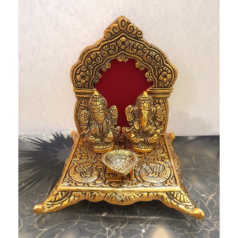 Oxide Metal Decorative Unique Handicraft Ganesh Laxmi Idol Showpiece with Oil Lamp Diya (CS-2361636)
