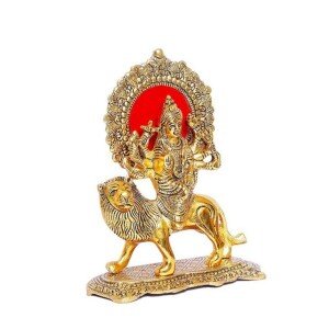 Oxide Metal Durga Maa on Lion Statue for Navratri Antique Gold Plated Showpiece (Aluminum, Gold) (CS-2361800)