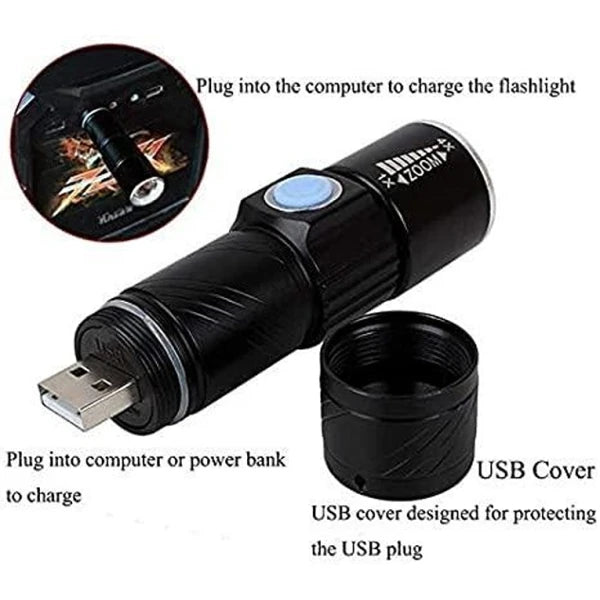Torch Light USB Rechargeable Zoomable Emergency Long Life Bright Torch Pocket Light (CLS-2386824)