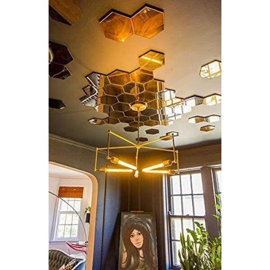 WallDaddy Mirror Stickers For Wall Pack Of 48 Hexagon Gold Color Flexible Mirror Size (10×12)Cm Each Hexagon
