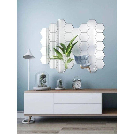 WallDaddy Mirror Stickers For Wall Pack Of 40 Hexagon Silver Color Flexible Mirror Size (10×12)Cm Each Hexagon