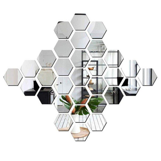 WallDaddy Mirror Stickers For Wall Pack Of 40 Hexagon Silver Color Flexible Mirror Size (10×12)Cm Each Hexagon