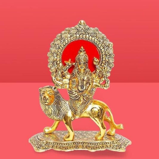 Oxide Metal Durga Maa on Lion Statue for Navratri Antique Gold Plated Showpiece (Aluminum, Gold) (CS-2361800)