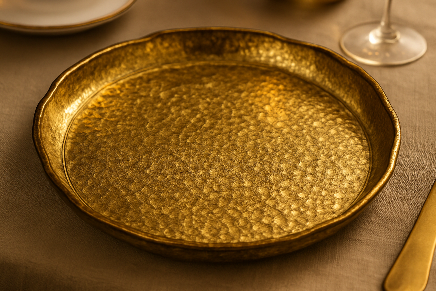 Antique Gold Glass Beaten Tray/PlatterCrafted with a unique beaten texture, this tray reflects the beauty of vintage design while adding a touch of luxury to your home. The antique gold finish gives it an elegant, timeless charm that’s perfect for serving guests or as an eye-catching decor piece on your coffee table, dining table, or sideboard.