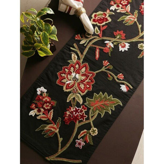 Buy Black Cotton Embroidered Rectangle Table Runner