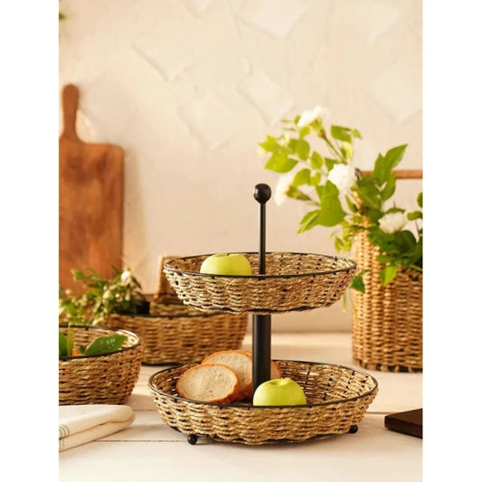 Buy Yellow Wood Printed 2 Tier Serving Tray