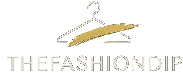 Create a sleek, modern fashion logo for 'TheFashionDip' — a bold, trendy clothing brand. Use minimalist fonts with a touch of elegance. Include a subtle icon like a hanger, splash, or brushstroke. Black & white theme with optional gold accents. Should look good on website, packaging, and social media."